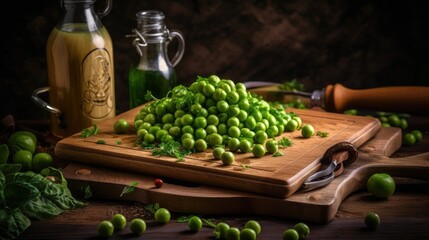 Fresh green peas on a wooden chopping board, Generative AI
