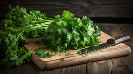 Fresh parsley on a wooden chopping board, Generative AI