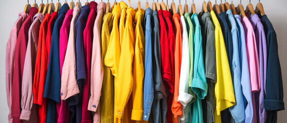 Fashion clothes on clothing rack - bright colorful closet. Closeup of rainbow color choice of trendy female wear on hangers in store closet or spring cleaning concept. Summer home wardrobe. 