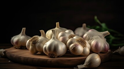 Fresh garlic on a wooden chopping board, Generative AI