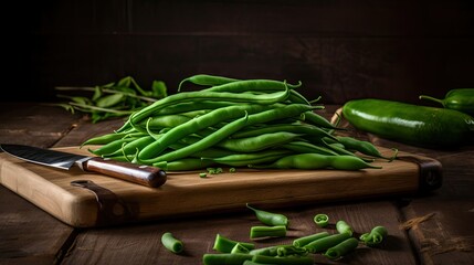 Fresh green beans on a wooden chopping board, Generative AI