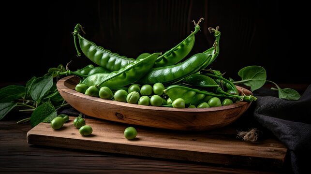 Fresh green peans on a wooden chopping board, Generative AI