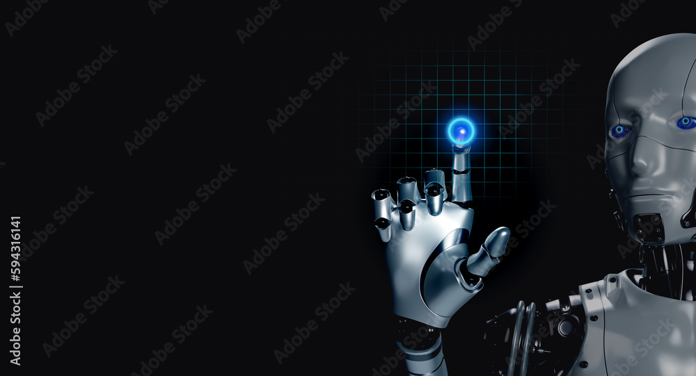 Poster 3d rendering smart humanoid robot touching finger on glowing virtual digital button on network scree