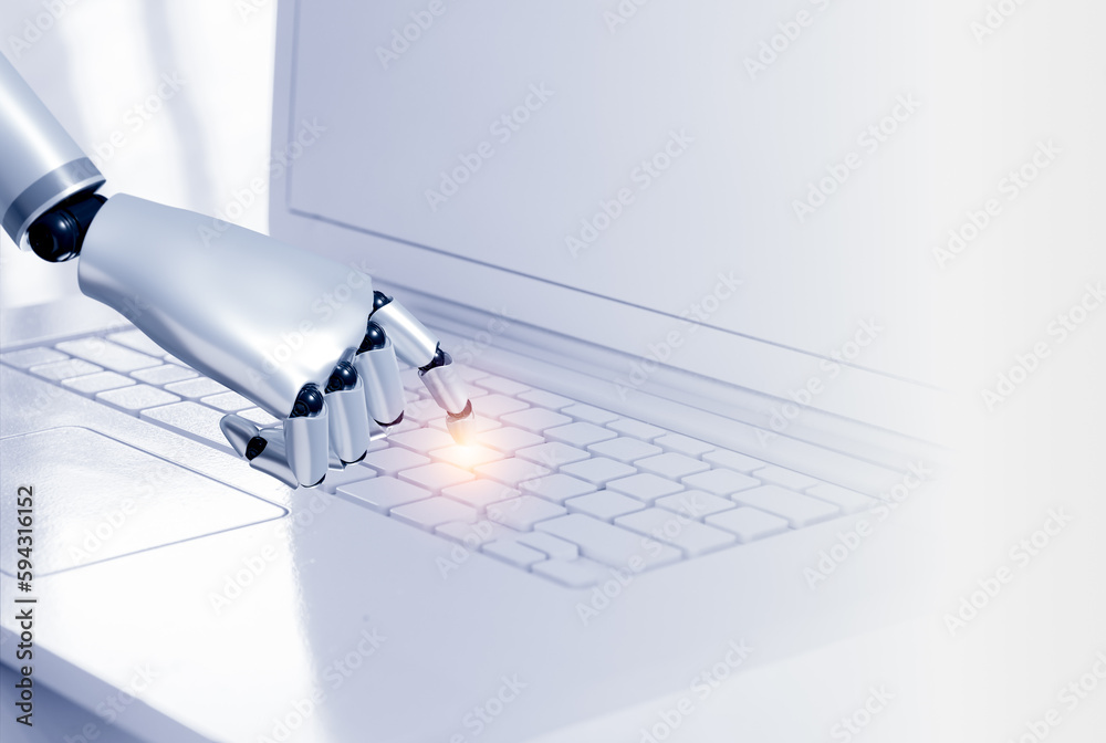 Poster 3d rendering smart humanoid robot's hand touching finger on empty key on modern white computer keybo