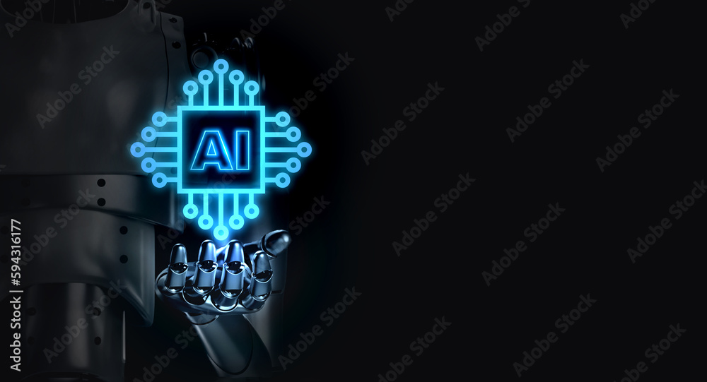 Aufkleber glowing ai digital computer chip touching by 3d rendering robot hand on dark background with copy sp
