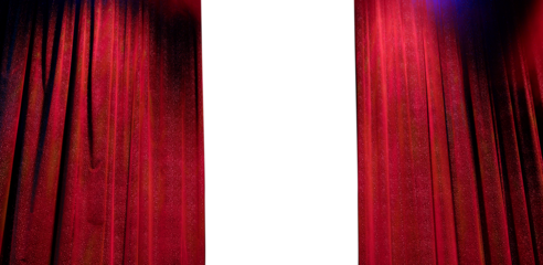 Elegant theater stage with opened red curtain ready to the performance