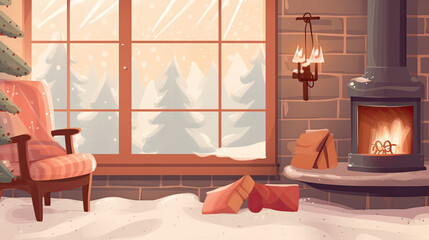 Cozy winter scene with fireplace and hot cocoa and winter related things