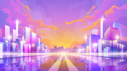 Fototapeta na wymiar Vector colorful cityscape illustration. View of the evening street road.