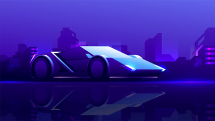 Fototapeta na wymiar Neon modern racing supercar stands on urban background. Nightlife horizontal illustration.