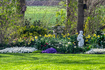 Park with spring flowers and green lawn. Landscaping in the garden.