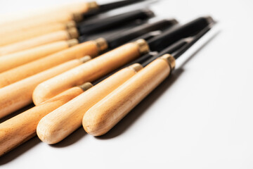 Set of sharp chisels for carving. Set of sharp chisels for carving. Wood carving. Sharp incisors.