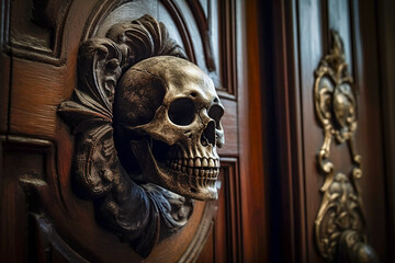 Death's Door. Generative AI.
A digital painting of a death's head on an oaken door of a Victorian mansion.