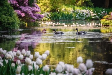 Fototapeta na wymiar Group of ducks swimming in a tranquil pond surrounded by blooming flowers and greenery, capturing the peaceful and serene qualities of springtime - Generative AI