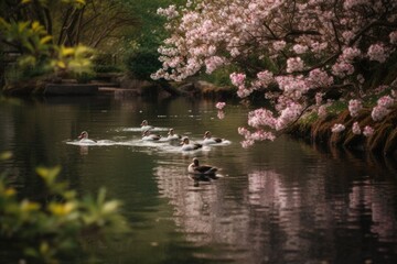 Obraz na płótnie Canvas Group of ducks swimming in a tranquil pond surrounded by blooming flowers and greenery, capturing the peaceful and serene qualities of springtime - Generative AI