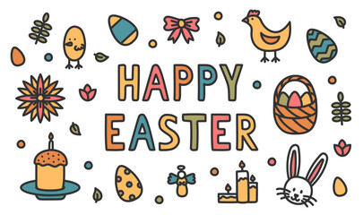 Vector colorful set of doodle illustrations for the holiday of Easter on a white background.