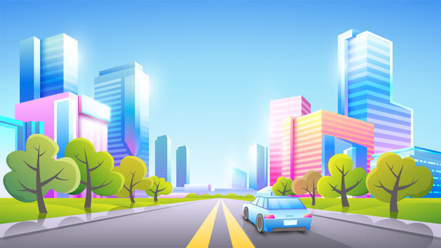 Vector color gradient illustration of daytime beautiful city view. A lonely car drives through the city. Empty place with no people.