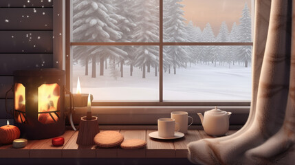 Cozy winter scene with fireplace and hot cocoa and winter related things