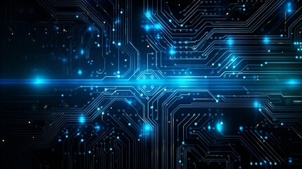 Blue circuit board background design with modern technology illustration texture and quantum computer technology concept. 