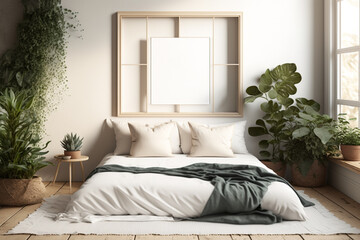 Square vertical frame mockup in boho style bedroom. Generative AI
