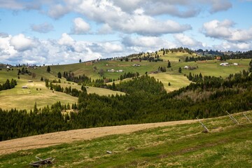 Fototapeta premium Beautiful countryside landscape with green trees and rural houses.