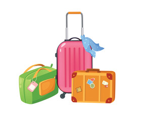 Concept Travel trip suitcases. This is an illustration of travel suitcases, perfect for a travel trip. The design is flat, with a cartoon-like style and a vector format. Vector illustration.