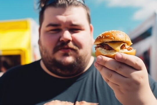 Large man holds small burger in his hand against the background of a food truck