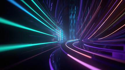 Neon glowing rays. Futuristic abstract background with digital lines for network, big data, speed. Based on Generative AI