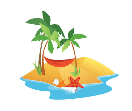 Concept trip beach sea. This illustration features a flat, vector design of a tropical beach with palm trees, clear blue waters, and sandy shores, all on a white background. Vector illustration.