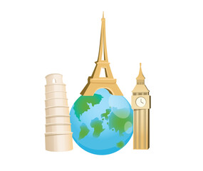 Concept Travel trip world destinations. The illustration depicts a world map with various travel destinations marked as colorful, flat icons. Vector illustration.