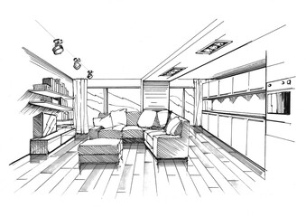 Interior design sketch of a living room with kitchen sofa and fitted wall. 