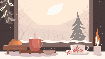 Cozy winter scene with fireplace and hot cocoa and winter related things