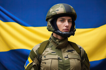 Generative AI illustration of serious young female soldier in protective uniform and helmet looking away while standing against Ukrainian flag