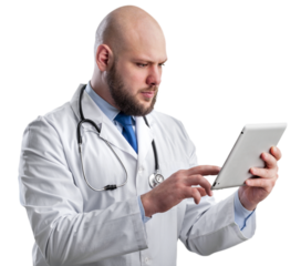 Doctor working with tablet pc isolated on white