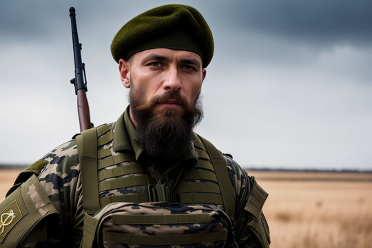 Generative AI image of serious bearded male in military uniform looking at camera while standing on blurred background of nature