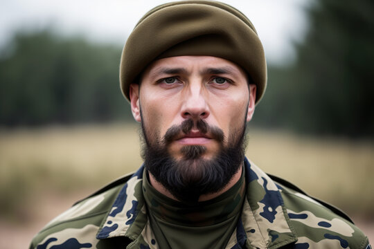 Generative AI image of serious bearded male in military uniform looking at camera while standing on blurred background of nature