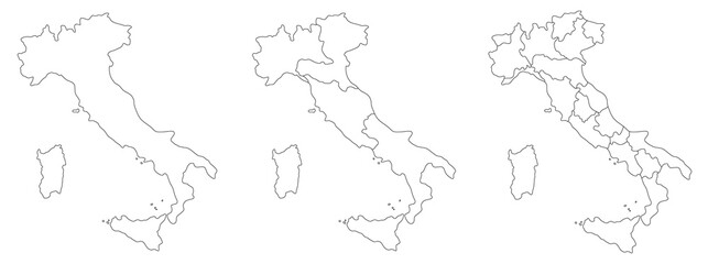 Italy map set white-black outline with regions and  administrative map