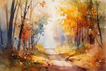 Watercolor landscape painting colorful of Tunnel trees. Generative AI