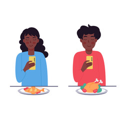 African-American man and woman taking photos of food