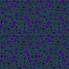 Vector seamless pattern with hand drawn colorful blueberries on dark background. Design for wallpaper, background, print, textile design, notebooks, phone cases, packaging paper, and more.