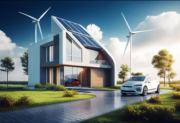 AI generated illustration of a modern futuristic house and electric car with a field of wind turbines in background