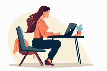 Fototapeta na wymiar Woman working on laptop while sitting at table, bright colors, cartoon illustration, flat
