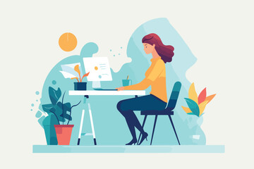 Fototapeta premium Woman working on laptop while sitting at table, bright colors, cartoon illustration, flat