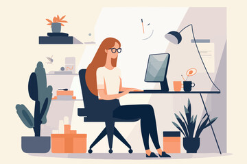 Woman working on laptop while sitting at table, bright colors, cartoon illustration, flat