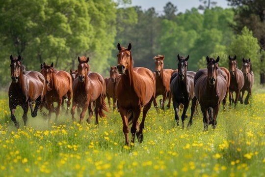 Herd of horses running free in a lush, green pasture during the springtime, showcasing the natural beauty and energy of these majestic animals - Generative AI