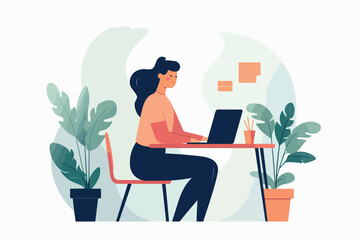 Woman working on laptop, white background, bright colors, cartoon illustration, flat, smooth