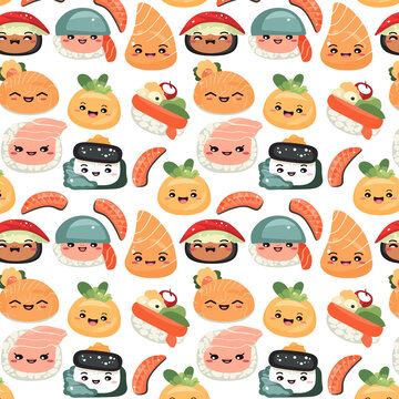 Cute Japanese Food Sushi and Roll Character Allover Seamless Pattern Design Artwork