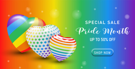 happy pride month LGBTQ banner template special sales promotion with 3d rainbow heart.