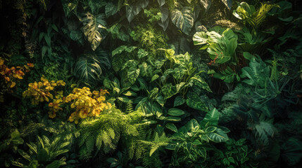 mur de végétation luxuriante, tropicale, de la forêt primaire d’Amazonie ou des forêt profonde de l’Afrique équatoriale - obrazy, fototapety, plakaty