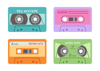 Set of audio cassettes tape. Various music audio records. Collection of different mixtapes. Nostalgia for the 80s and 90s. Flat vector illustration isolated on white background.