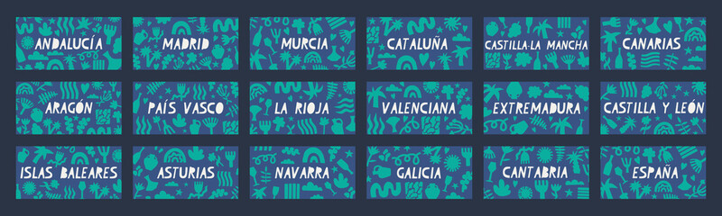 Regions and provinces of Spain in Spanish. Floral backgrounds with inscriptions for souvenirs and banners. Set of vector graphic backgrounds.